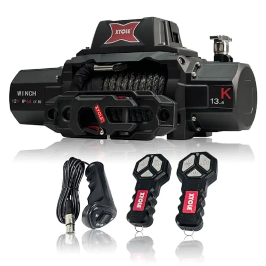 

Off-Road Vehicle Rescue Winch 13500lbs 12V Electric IP68 Waterproof Dark-Gray Housing Synthetic Rope Dual Wireless Remotes for