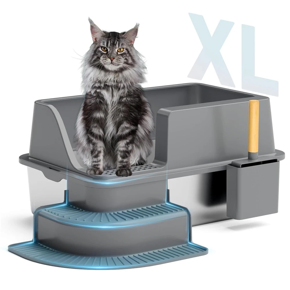 

Semi-Closed Stainless Steel Litter Pan with Lid Extra Large Litter Pan with Scoop (for large cats) XL Metal Litter Pan Tray with