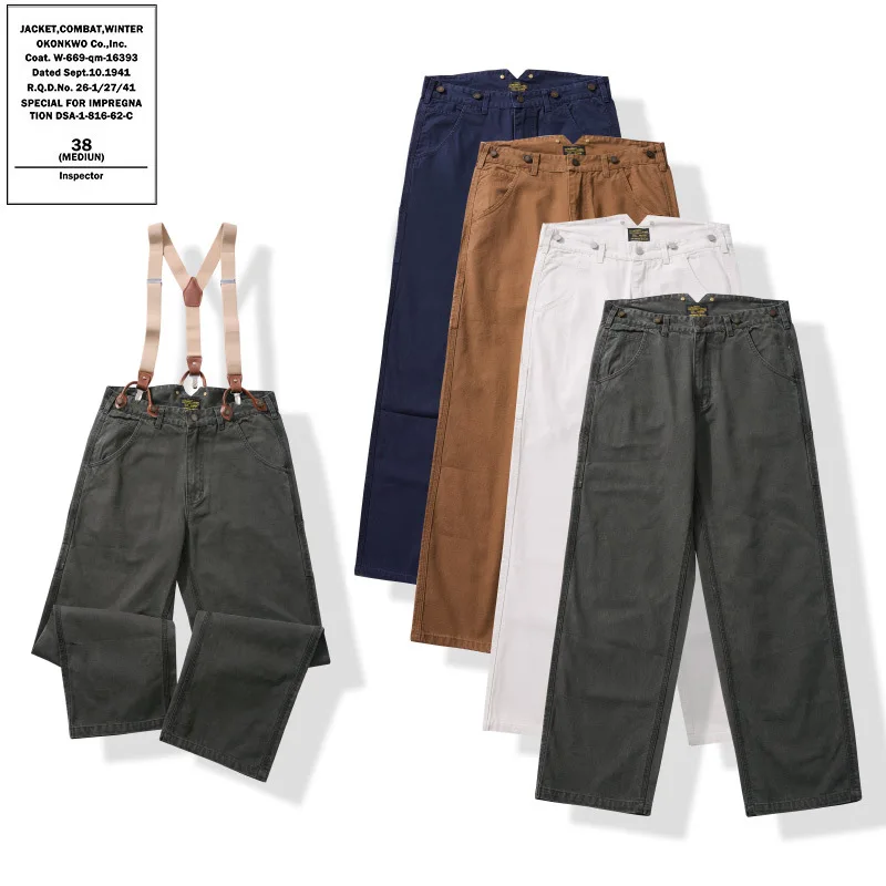 12oz 100% Cotton Men's Canvas Convertible Wide-Leg Work Pants Railway Overalls Amekaji American Casual Mechanic Bib Overalls