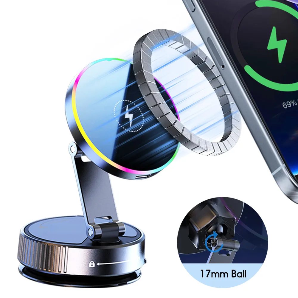 

Автомобильная вакуумная присоска 15 Вт RGB Магнитный держатель беспроводного зарядного устройства для Magsafe iPhone 17 ~ 12 для приборной панели/стеклянная подставка для быстрой зарядки