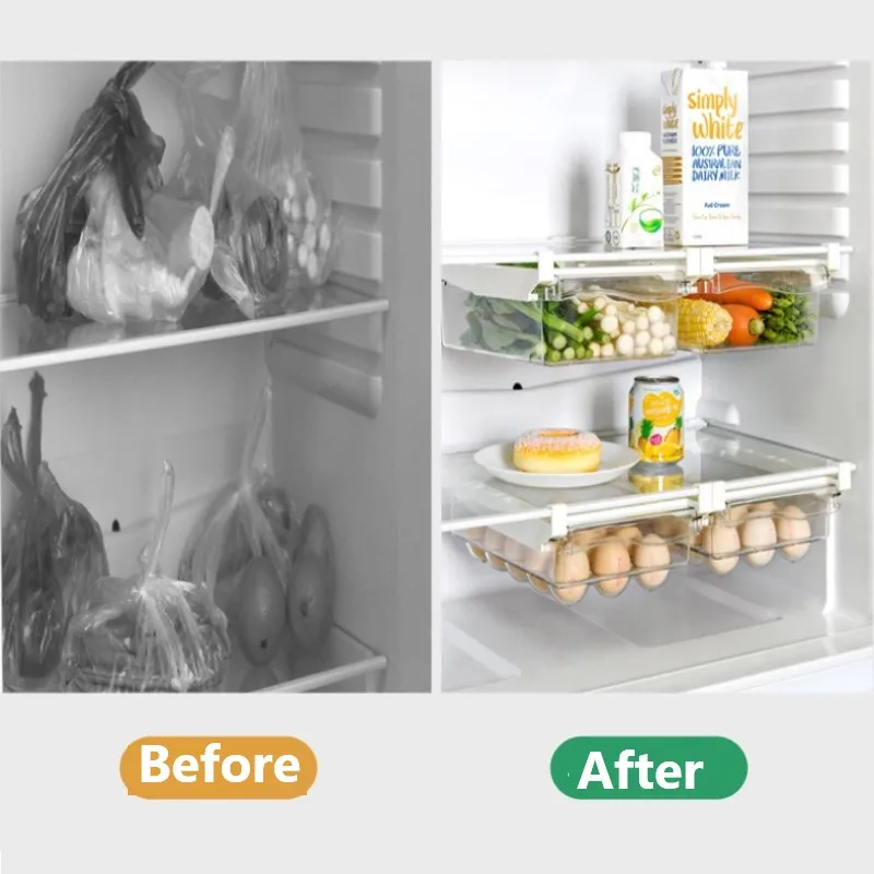 Drawer Type Food Storage Box for Refrigerator Clear Fruit Organizer Rack Holder Under Shelf Slide Plastic Kitchen Container