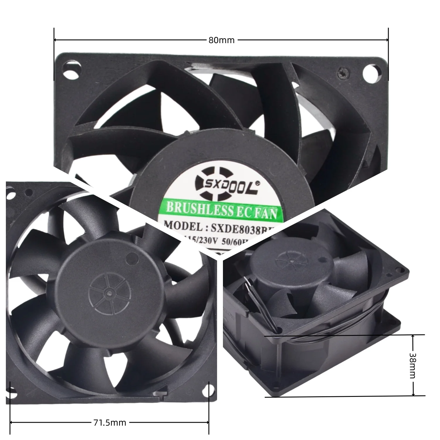 SXDOOL SXDE8038BH EC Fan, 80x80x38mm, 90-270V, 5W, 52 CFM, 3800 RPM - Ideal for Industrial Cabinets, Servers, Communication