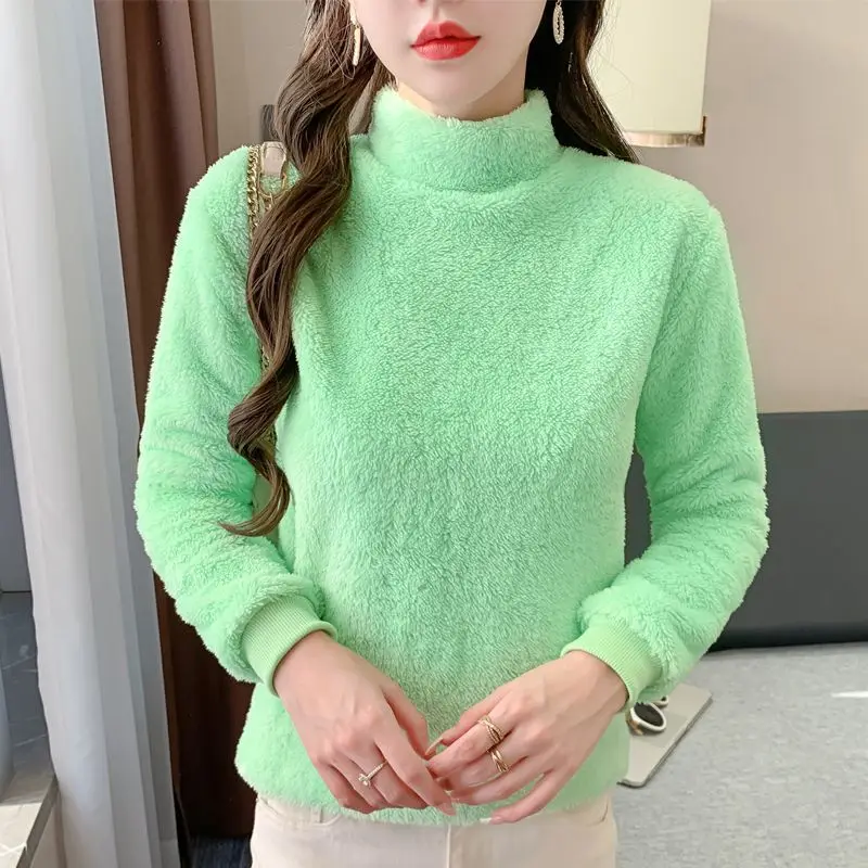 Autumn Winter New Fashion Long Sleeve Half High Collar Solid Coral Fleece Women's Clothing Bottoming Shirt Korean All-match Tops