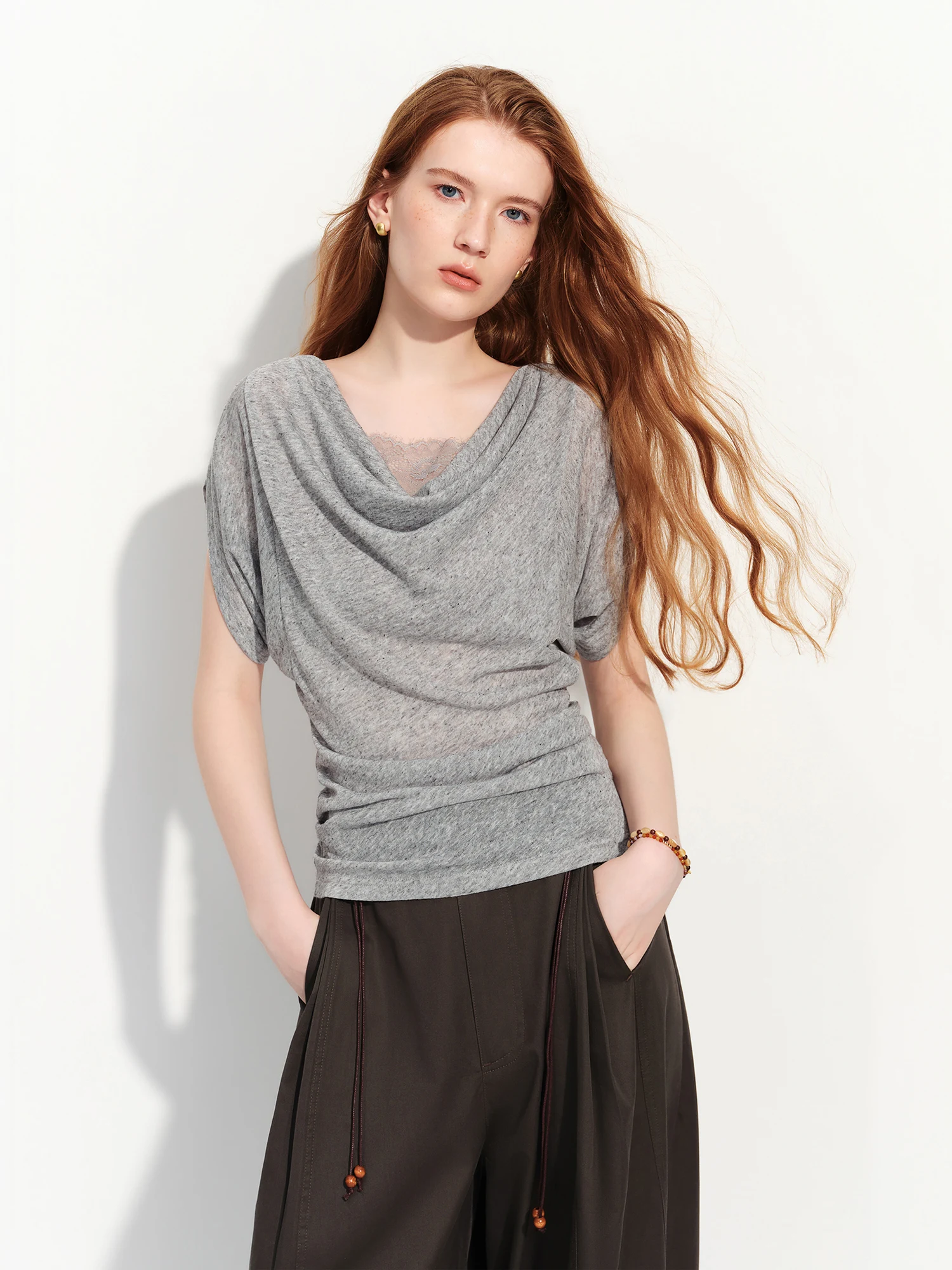 FSLE Elegant Slim-fitting Linen Short-sleeved T-shirt Swing Collar New Summer Style for Women 2026 Lace Patchwork Design