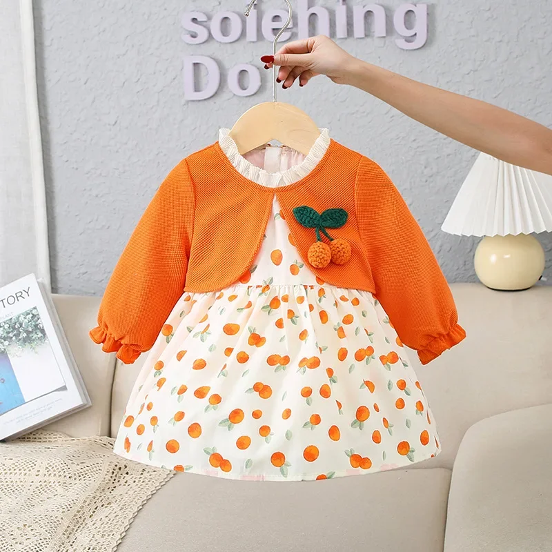 

Girls Dress Orange Print Children Fake Two Pieces Cardigan Dress Autumn Long Sleeve O-neck A-line Dress Girls Princess Dresses