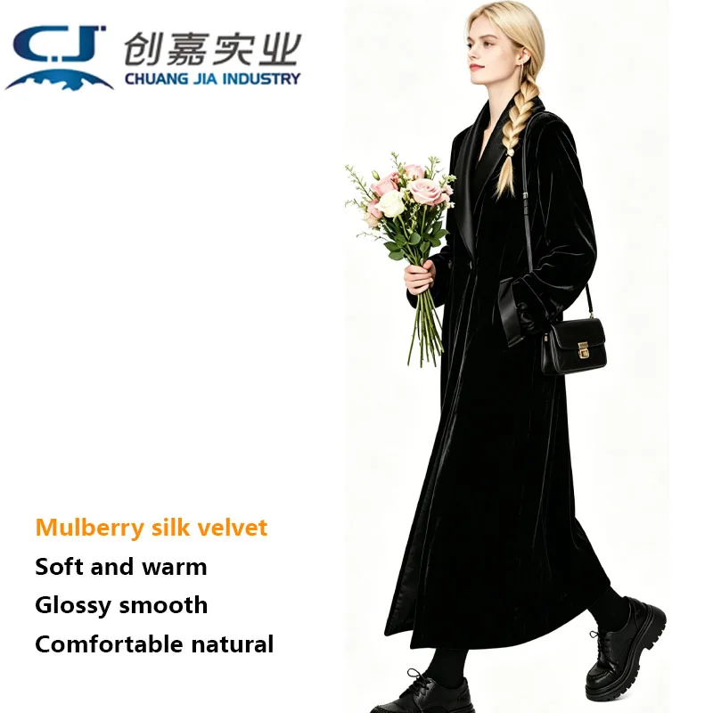 Silk Velvet Ladies Long Coat Luxury Noble Black Mulberry Silk Windbreaker Spring Autumn Leisure Comfortable and Soft Delicate