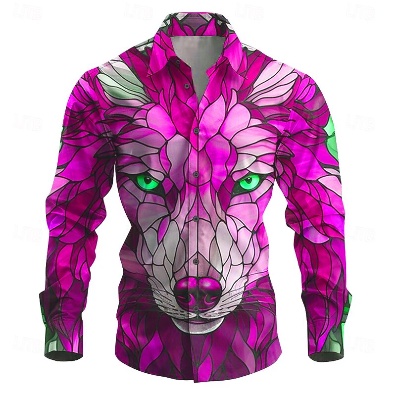 

Fashion men wolf totem blue purple red series of men's tops plus size casual fashion lapel button down shirt 3D HD printing 2024