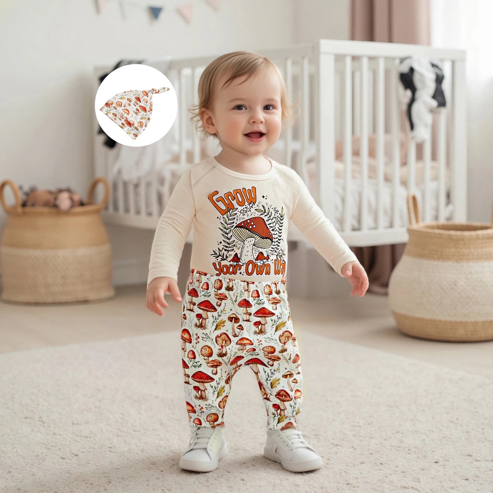 Baby Boys Pants Set Long Sleeve Crew Neck Letters Print Romper with Mushroom Print Sweatpants and Hat Fall Outfit