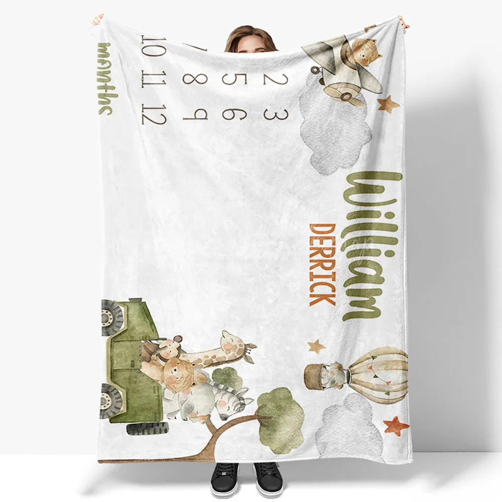 Animals Tree Cloud Month Table Custom Name 50x60in Blanket, Personalized Gift for Baby Kids Room Decor