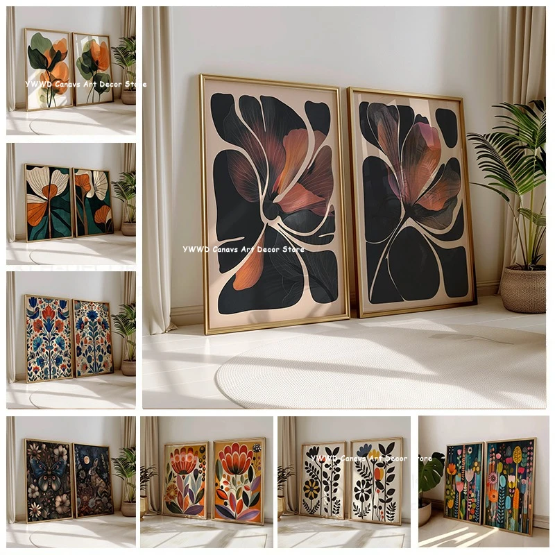 2pcs/set Scandinavian Art Norwegian Folk Art Floral Canvas Print Nordic Abstract Plant Wall Art Poster for Spring Home Decor
