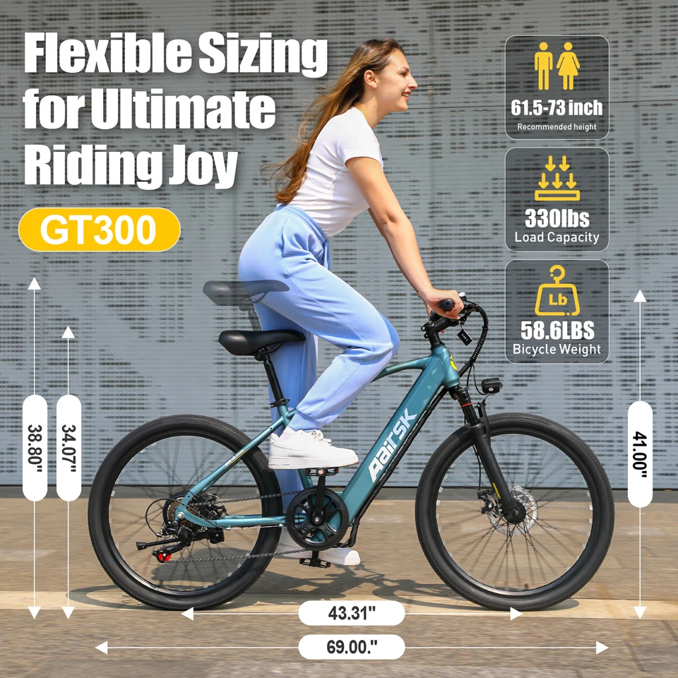 Aairsk GT300‑26 Electric Mountain Bike for Adults, 250W 36V 10AH Ebike with 7‑Speed , Dual Disc Brakes, Front Suspension, LCD Display, Removable Battery, 15.5 MPH Max Speed for Commuter & Off‑Road Use image 10