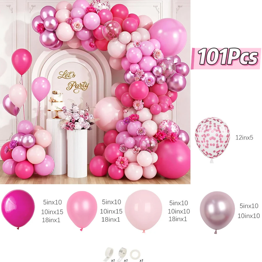 101Pcs Hot Pink Balloons Garland Arch Kit Macaroon Pink Balloons for Wedding Bridal Shower Baby Shower Birthday Party Decoration
