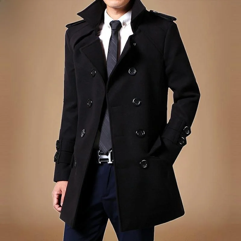Thickened Woolen Men's Coat Autumn Winter New Style Windbreaker with Fleece Medium Length Trendy Men's Outerwear Jacket