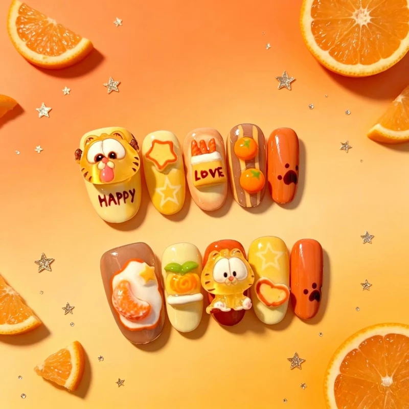 

Garfield cartoon cute handmade wearable nails kawaii girls orange 3D hand-painted nail accessories anime merchandise wholesale