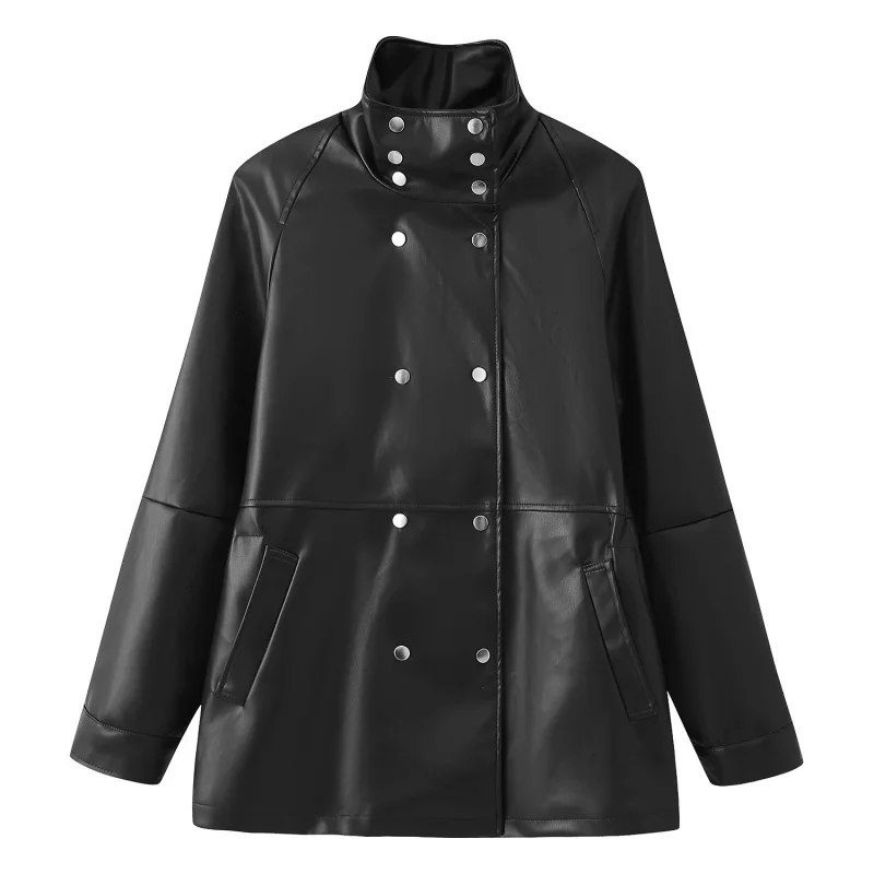 

New European and American Women's Fashion Double-Breasted Slim Stand Collar Leather