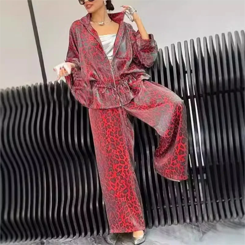 Spring Autumn Fashion Leopard Print 2 Piece Sets Women Fall Lapel Zipper Drawstring Coat Wide-leg Pants Outfit Long Sleeve Suit