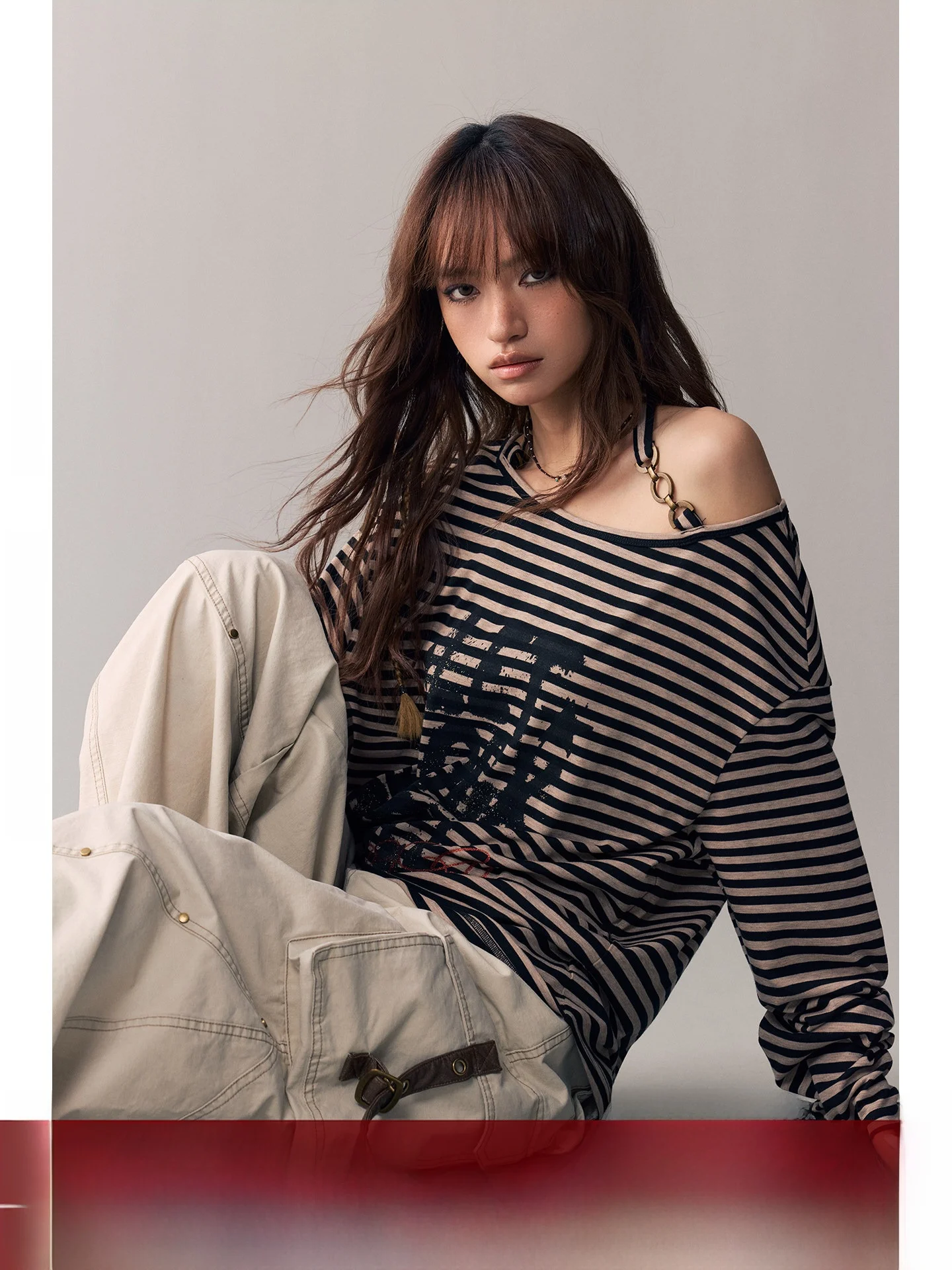 

BeerBro Vintage Sound Rasee Long Sve Striped T-irt Women's Comfortable Breathable oulder Baring Top Casual Loose Fit