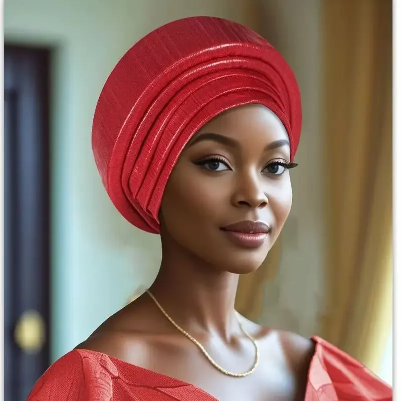 

Африканский головной убор Auto Gele, женские повязки на голову, мусульманский хиджаб, нигерийский вечерние головной убор, тюрбан, 2024, блестящий плиссированный женский тюрбан, кепка