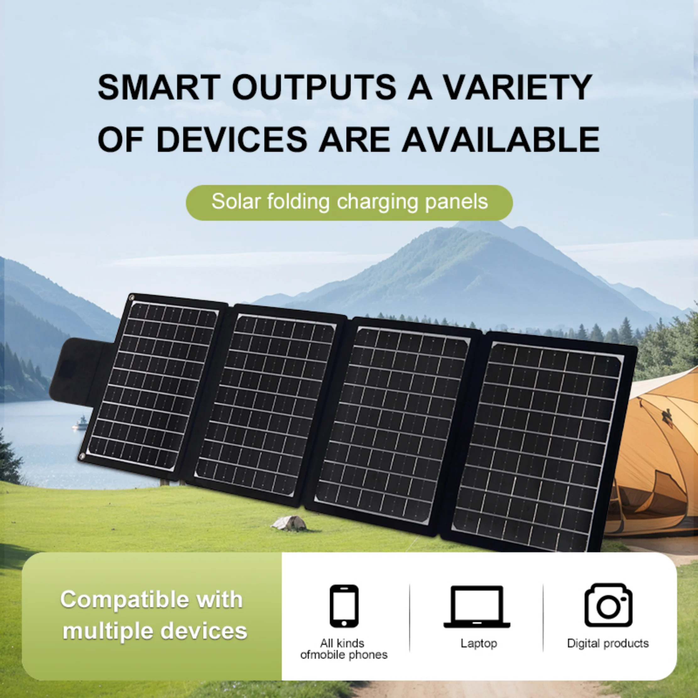 60W solar panel, 18V foldable solar panel charger, suitable for mobile phones, laptops, dual USB ports 5A DC output