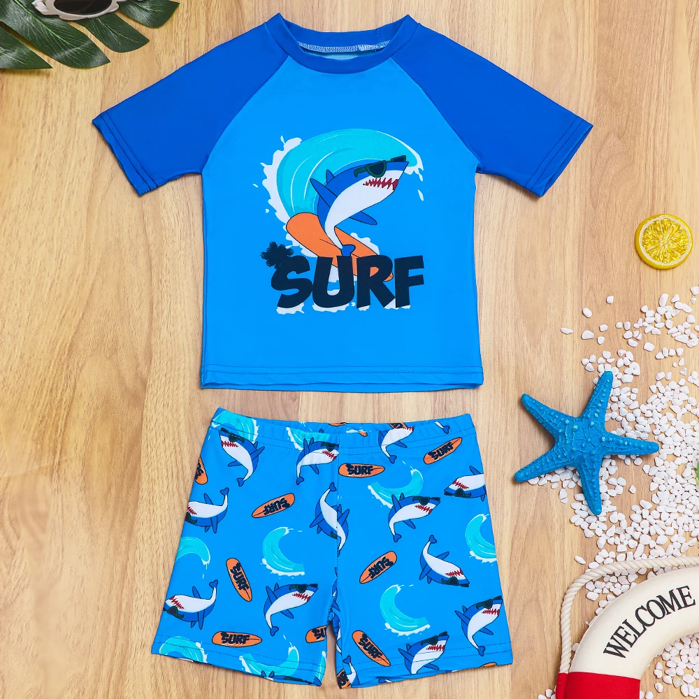 Boys Rash Guard Swimsuits Sets Kids Two Piece Short Sleeve Surfing Swim Shirts Quick Dry Watersport Swimwear with Trunks