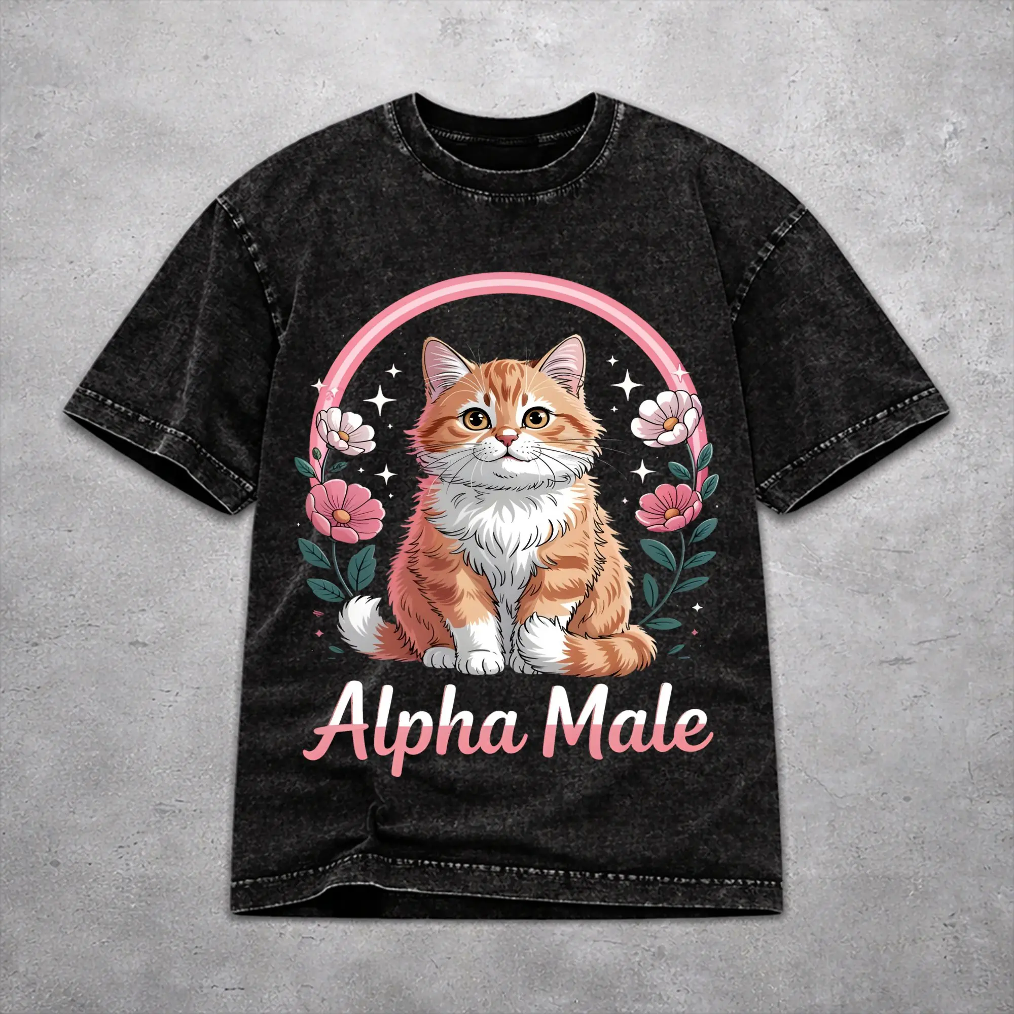 Men Women Vintage Washed T-shirts Alpha Male Cat Kitten Funny  Print Shirt Outfit Oversize  Tee Shirt