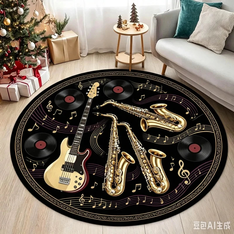 Electric Guitar Music Round Area Rug, Musical Instrument Printed Floor Mat, Home Decor Carpet for Living Room