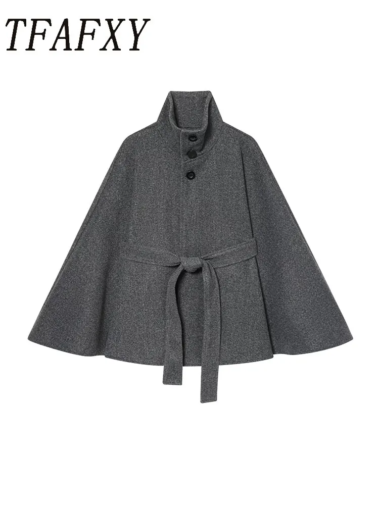 

TFAFXY элегантное женское свободное пальто с поясом, 2024, зимнее теплое толстое шерстяное пальто, куртка с длинными рукавами, женская верхняя одежда