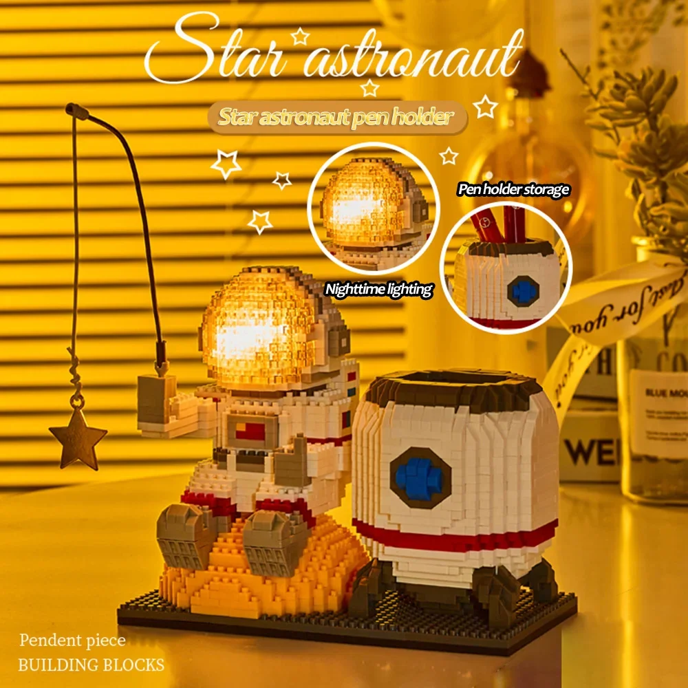 LED Lighting Astronaut Micro Mini Building Block Set – Space Theme, Cognitive Development for Kids, Pen Holder with Mini Lamp