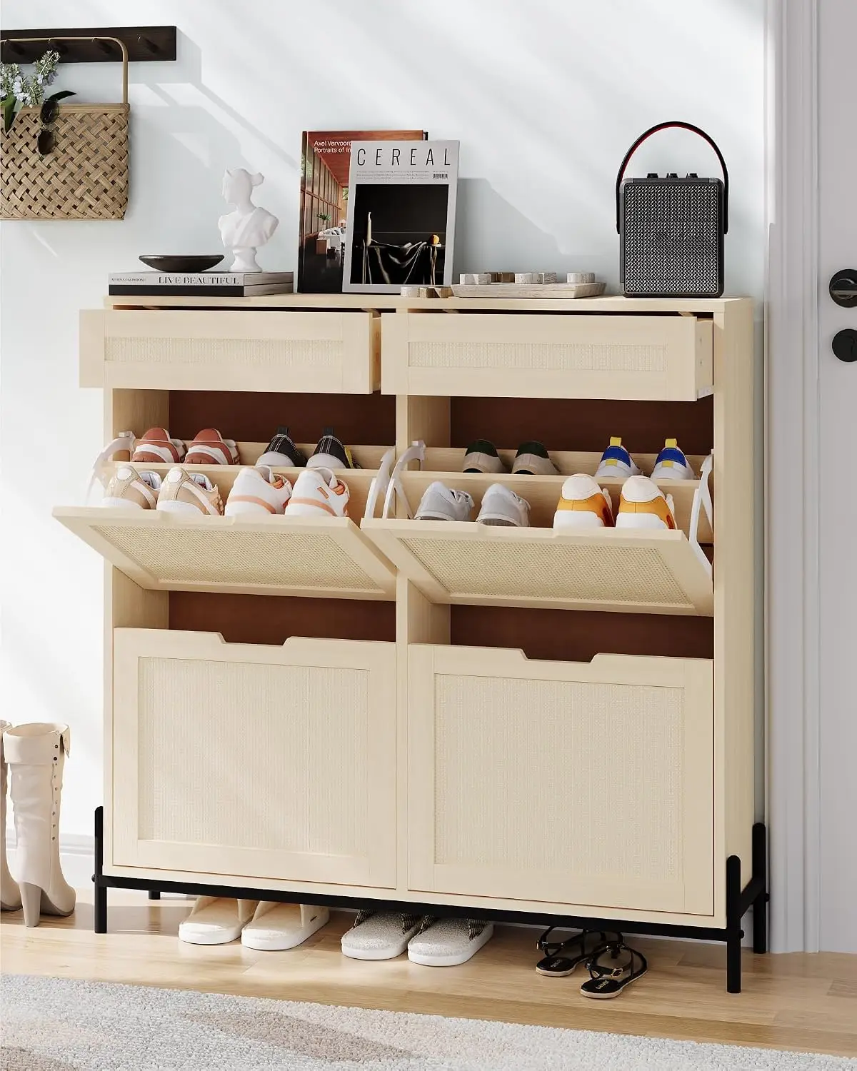 Rattan Shoe Cabinet 4 Flip & 2 Top Drawers Freestanding Slim Rack Adjustable Shelves Entry Hallway Porch, Customized
