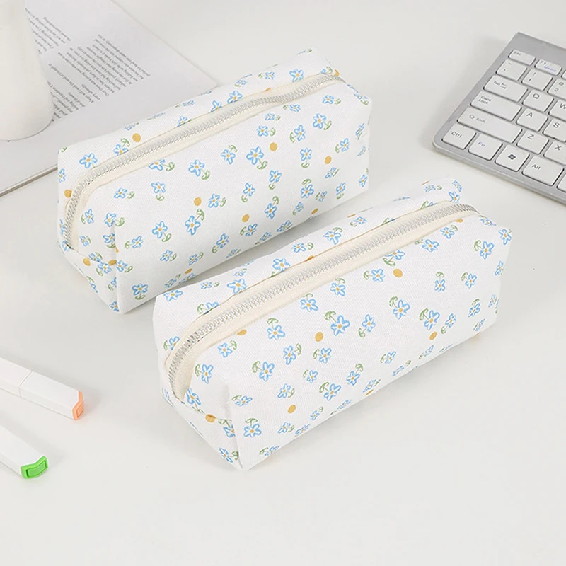 Simple Large Capacity Floral Pencil Case Cute Pencil Pouch Portable Cartoon Canvas Stationery Storage Bag School Supplies Gifts