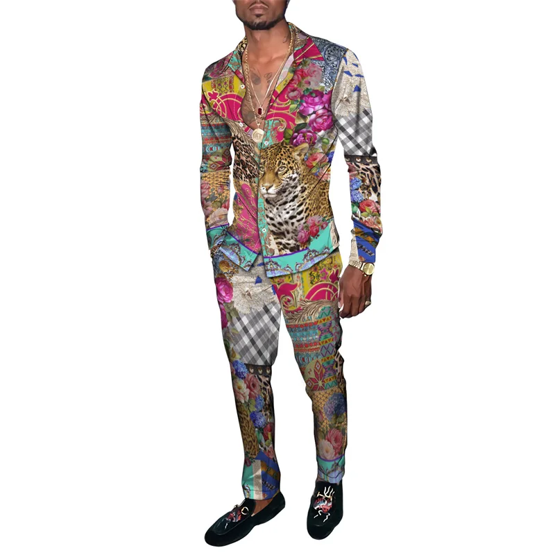 Fashion Leopard Florial 3D Print Men Harajuku Clothing Suits Tracksuit Long Sleeve Shirt Long Pants Two Piece Sets Clothing