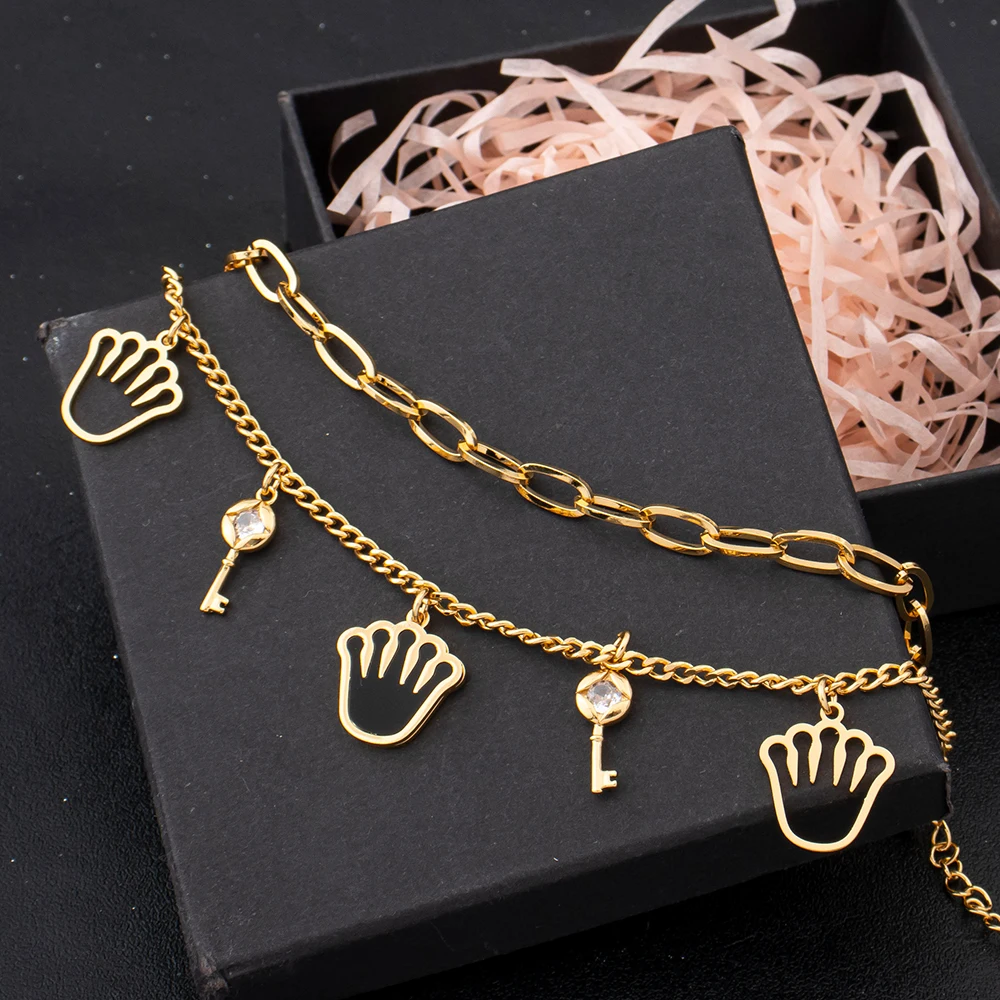 Charm-Armband Dubai Vergoldeter Edelstahl Schwarze Emaille Ineinandergreifende Kette Stern-Motiv Glücksbringer Schmuck-Accessoires 5-teiliges Set – Detail 1