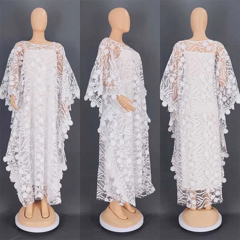 White Lace Hollow Africa Dresses for 2023 Muslim Women Dress African Clothes Dashiki Taditional Boubou Arabic Robe Femme Ramadan