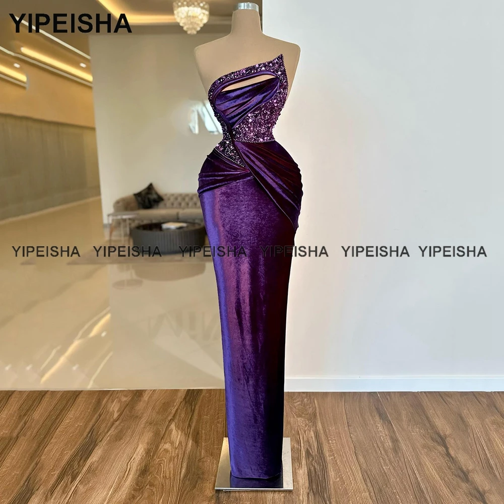 Yipeisha Asymmetric Mermaid Evening Gown 2024 Purple Velvet Prom Dresses Beaded Velour Pageant Party Gowns Customized