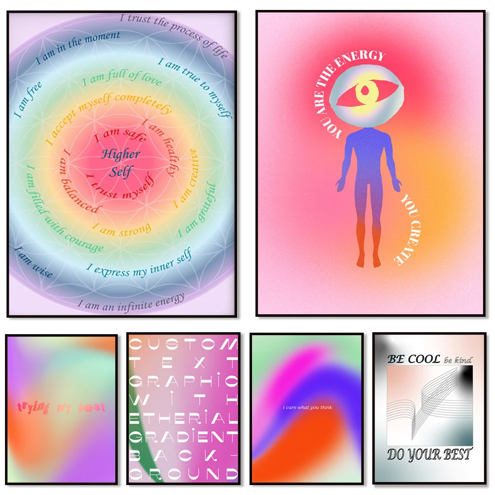Affiches halo populaires, affirmant l'aura et la fleur de vie granulaire progressive, croyez en vous, vigueur rétro, halo arc-en-ciel, mi