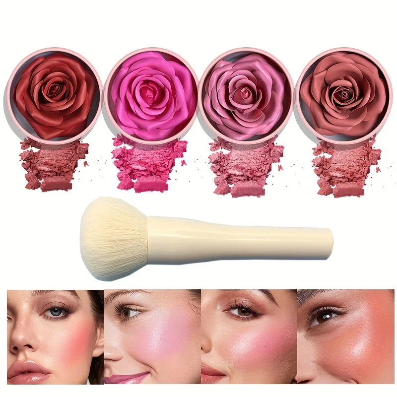 Rose Petal Blush with Free Brush 2pcs Sets, Waterproof, Natural Effect Light Coverage for All Skin Tones, Color Correction Cream