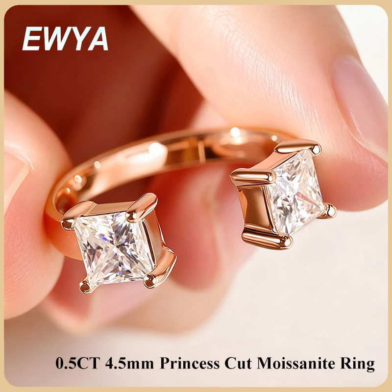 

Кольцо для помолвки EWYA с муассанитом огранки «Принцесса» 4,5 мм (0,5 карата) для женщин, регулируемое, из серебра S925, с двумя бриллиантами, обручальное, с открытым дизайном