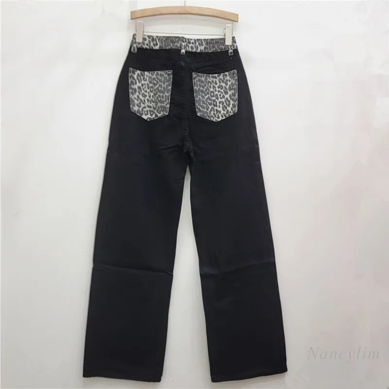 

Leopard Print High Waist Straight Wide Legs Loose Black Jeans Women's Spring Autumn New Fashion Denim Pants