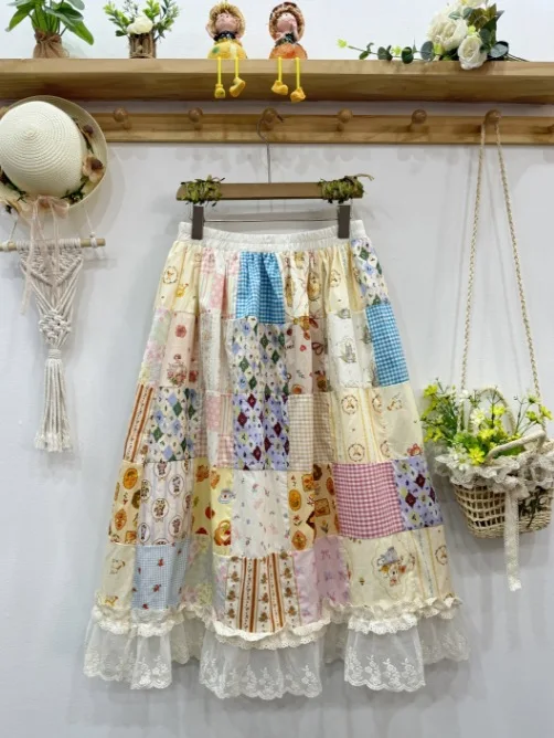Japanese Vintage Lolita Mori Girl Lace Cartoon Plaid Print Patchwork Skirts Women Summer Elastic Waist Casual Cotton Skirts