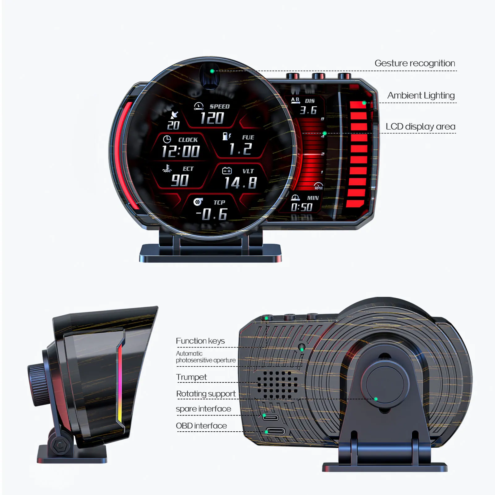 P28 Car HUD Obd2 on-board Computer OBD+GPS+RGB Gesture Recognition Speedometer Windshield Speed Turbo RPM Switch for Car Fault