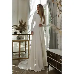 Ivory Chiffon Crepe A-Line Wedding Dresses Chapel Train Custom Made Long Sleeves Floor-Length Bridal Gowns