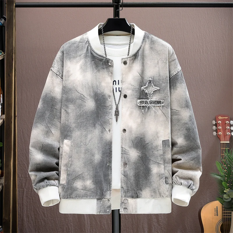 

Мужская джинсовая куртка свободного кроя в стиле бейсбол с эффектом тай-дай, весна-осень, новая модная молодежная модель из смесового хлопка и полиэстера