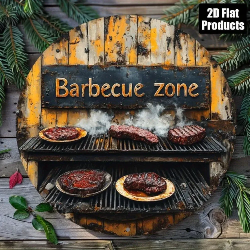 Vintage BBQ Zone Schild aus Metall, 2D Flache Rustikale Grill-Dekorplatte 20x20cm