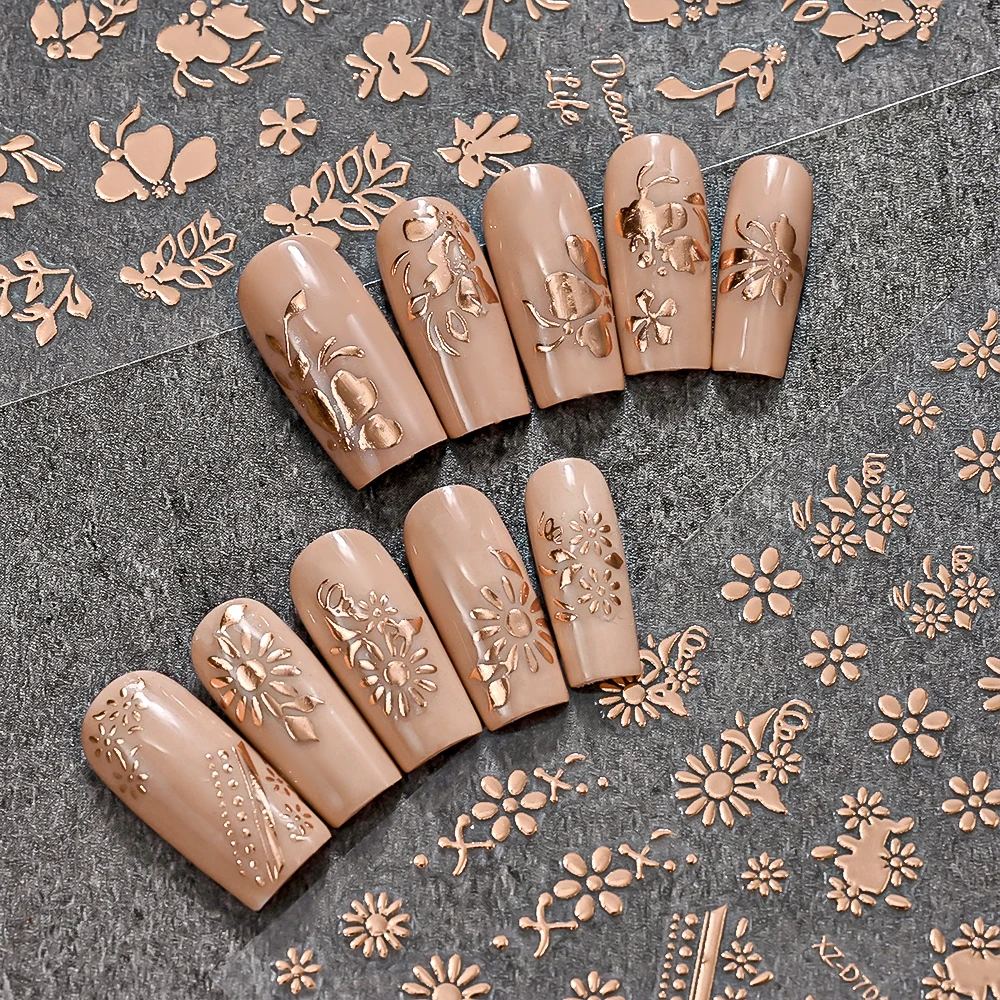12pçs adesivos de unhas de bronze 3d, linhas irregulares, chamas, efeito cromado dourado, design geométrico, decalques autoadesivos, suprimentos de manicure