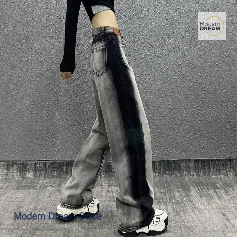 Amerikanische grau-schwarze farblich passende Plus-Size-Jeans für Damen im Frühling und Herbst, gerader Schlauch, lockeres Design, Joker-Mopp-Hose mit weitem Bein