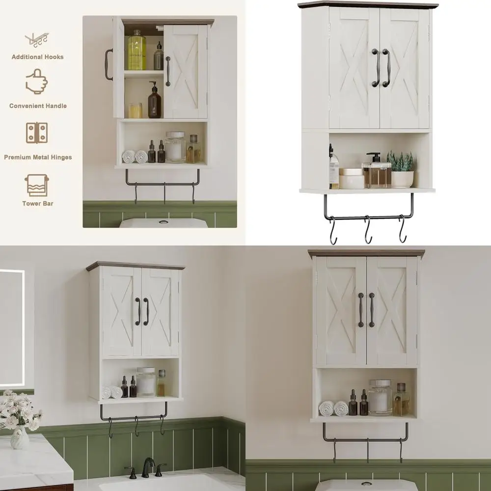 

Шкаф для хранения над унитазом с регулируемыми полками, держателем для полотенец и 3 крючками, цвет античный белый и коричневый, для ванной или кухни