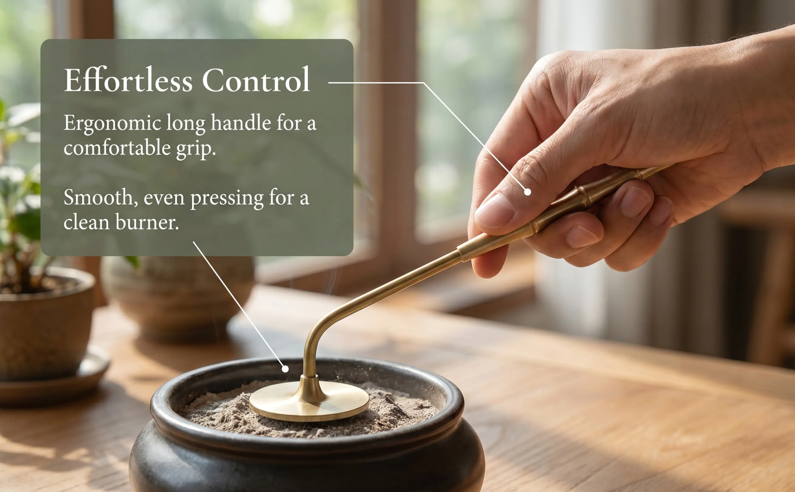Ergonomic Long Handle Incense Ash Press Solid Brass Construction Non Deformable Bright Surface Ideal for Classical Home Decor