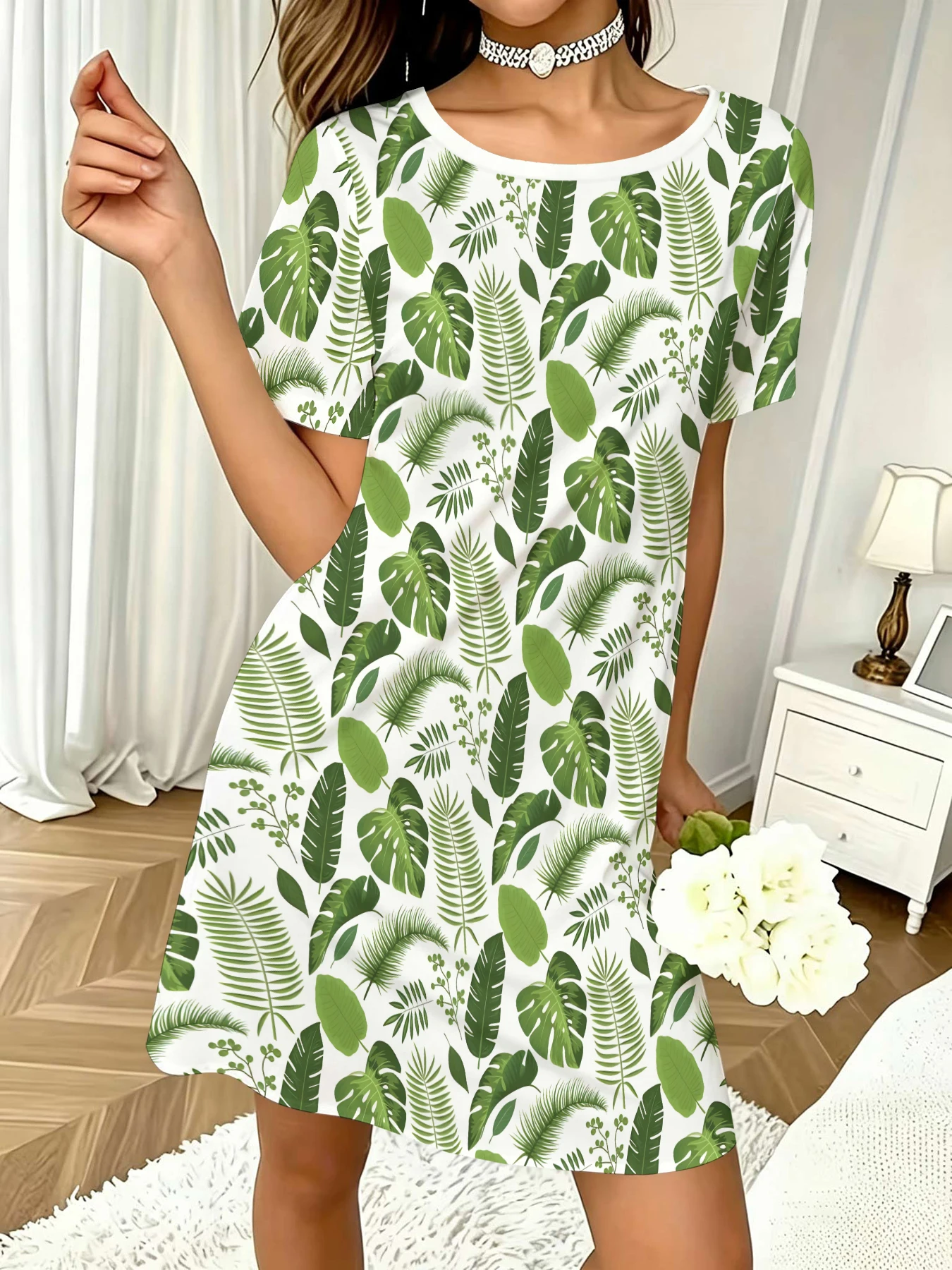 Women's Round Neck Short-Sleeved Dress with Tropical Green Plant Turtle Leaf Print on White Background, A-Line Casual Dress