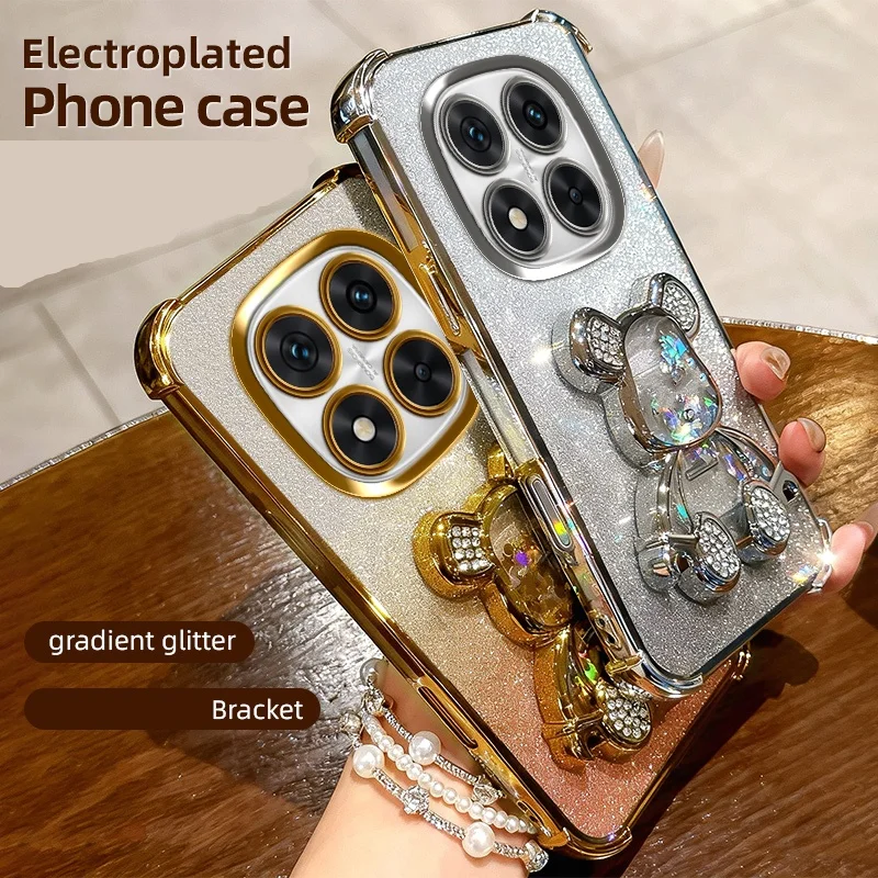 Glitzer-Bären-Halterungshülle für Xiaomi Redmi Note 15 Pro Plus 15C A5 Note15 Stoßfeste Halterung Luxuriöse Galvanisierte Transparente Abdeckung