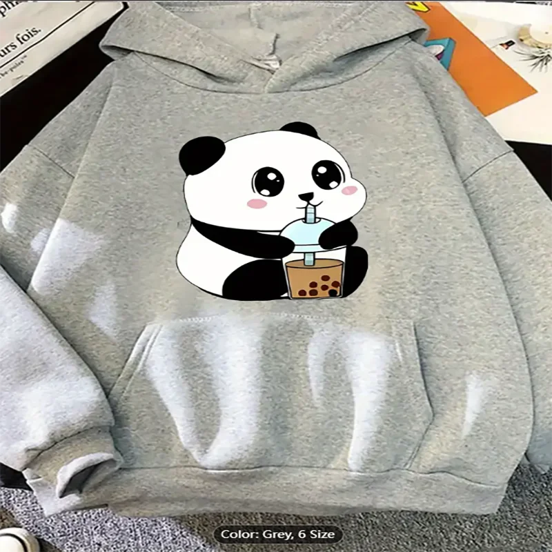 

Женская толстовка с капюшоном с милой пандой и чаем с молоком, мягкий пуловер с длинными рукавами на флисовой подкладке и передним карманом из чистого хлопка